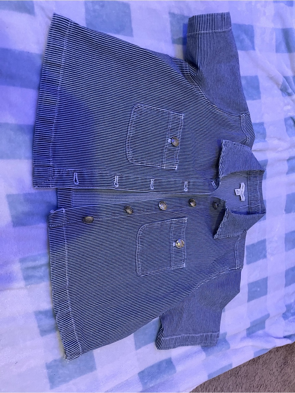 Short-Sleeve Striped Button-Down Shirt Jacket in Navy/White